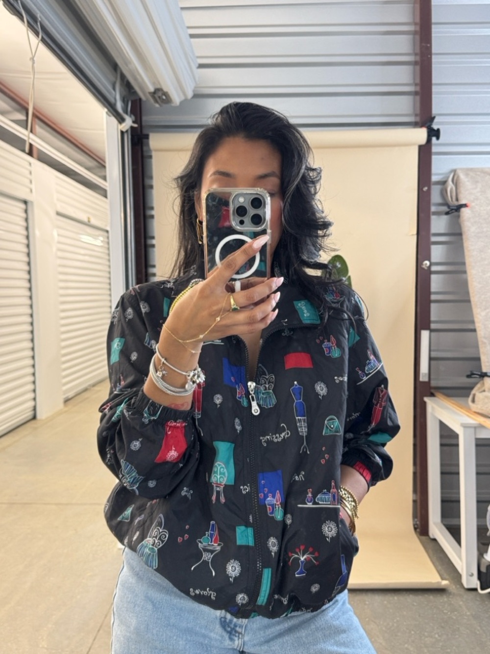 Koret Black Windbreaker with Teal, Blue & Red Graphic Accents
